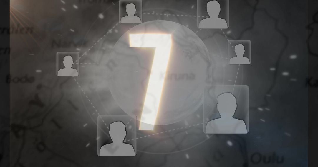 Glowing Number Seven with Networkized Globe and Map Background