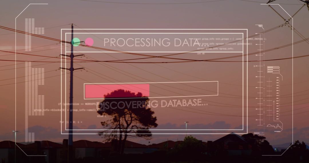 Silhouetted Tree Framing Rooftops at Suburban Dusk with Futuristic Data HUD Overlay