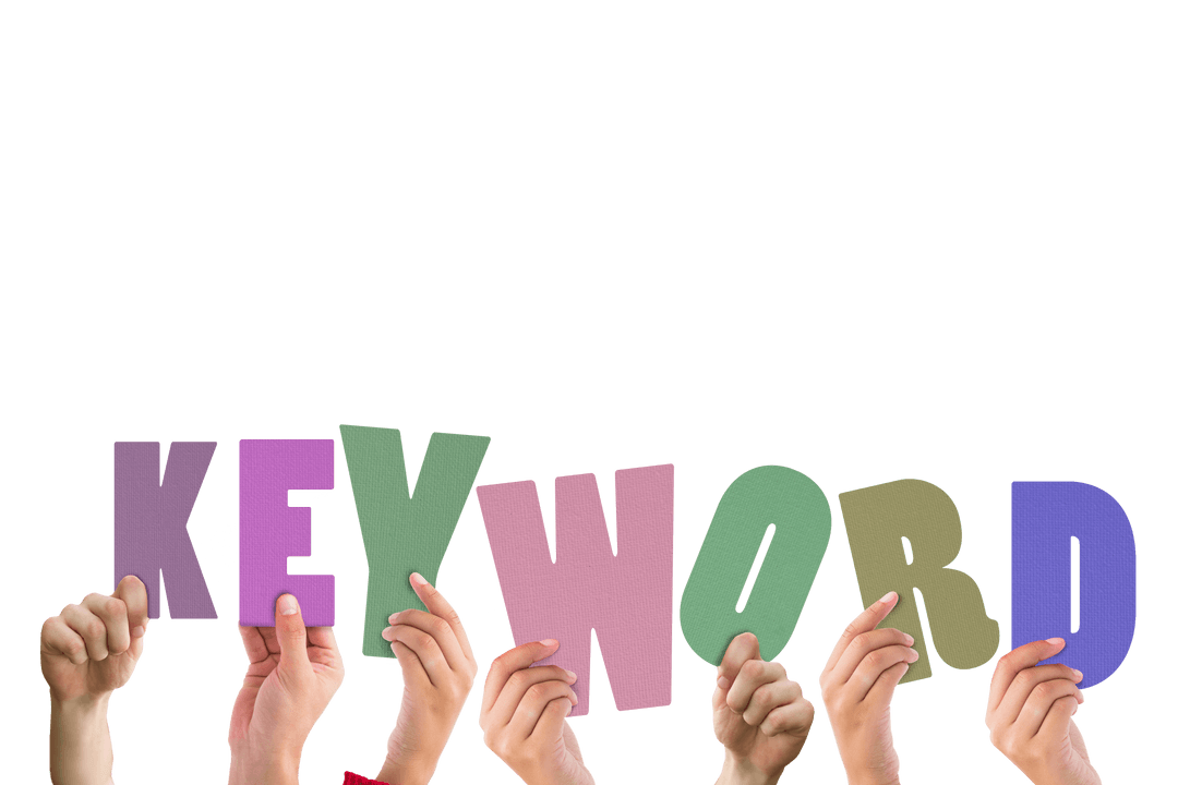 People Holding Colorful Letters Spelling Keyword on Transparent Background