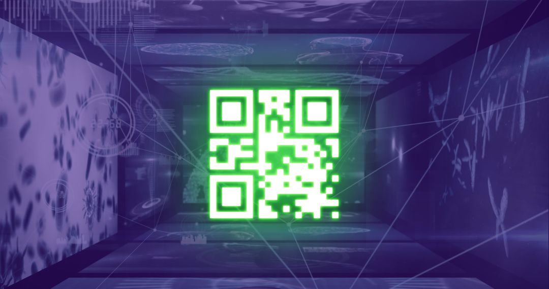 Glowing QR Code in Digital Neon Tunnel