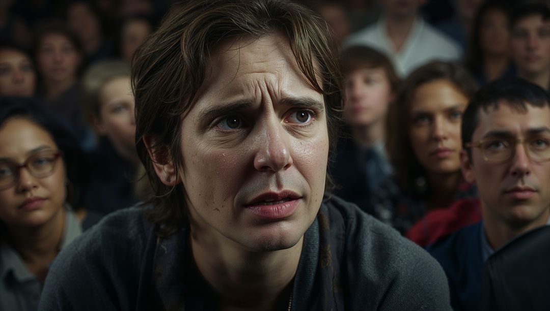 Tense young man looking anxious in theater closeup showing stage fright by spotlight