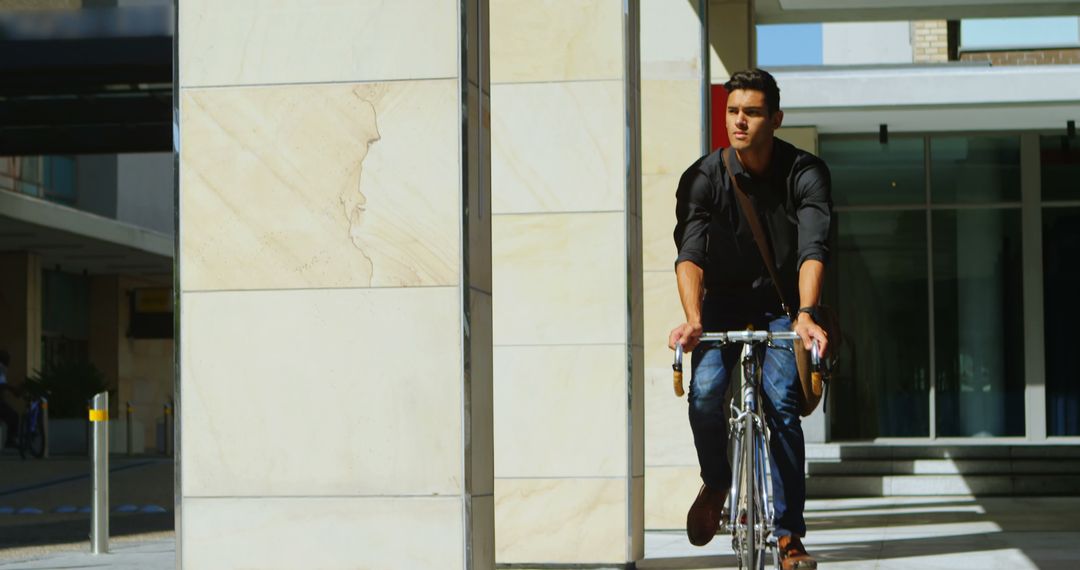 Young Man Riding Bicycle in Urban Setting on Sunny Day - Free Images, Stock Photos and Pictures on Pikwizard.com