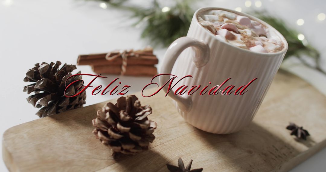 Christmas Hot Chocolate with Pine Cones and Feliz Navidad Text