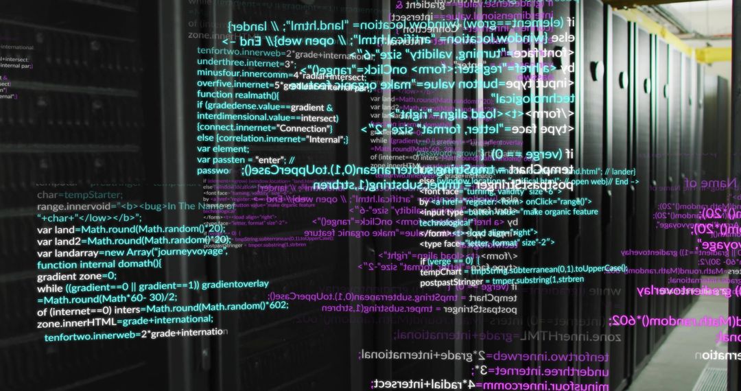 Neon Code Streaming Over Server Racks in Futuristic Data Center