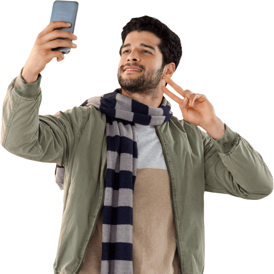 Man in Scarf Taking Selfie on Transparent Background