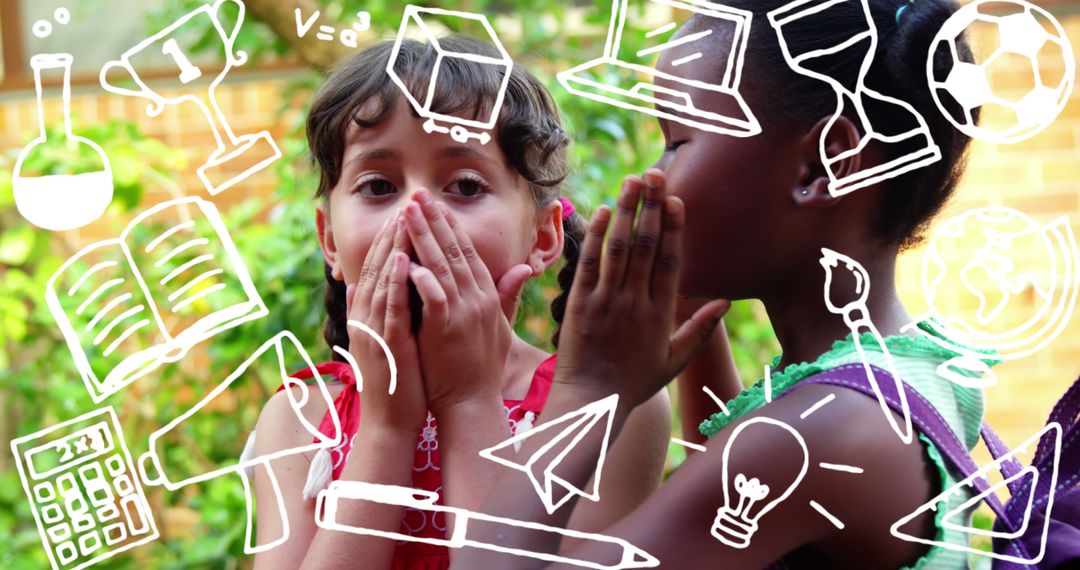 Children Whispering Surrounded by Education Icons