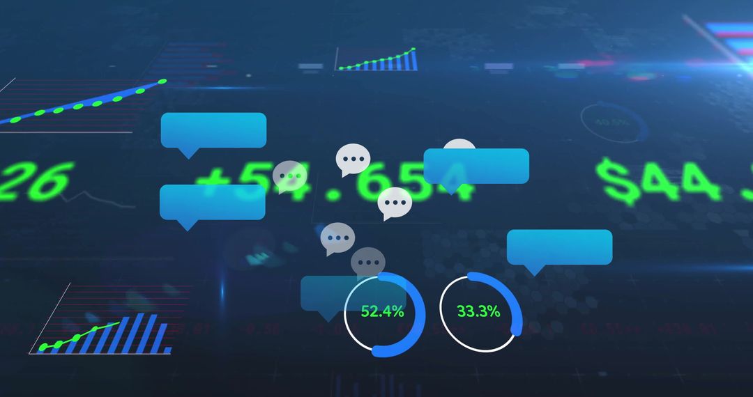 Futuristic Financial Interface with Chat Bubbles and Data Visualizations