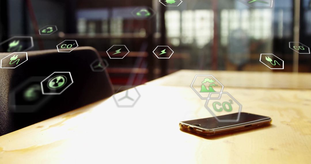 Modern Smartphone with Floating Eco-Tech Icons in Office Lounge