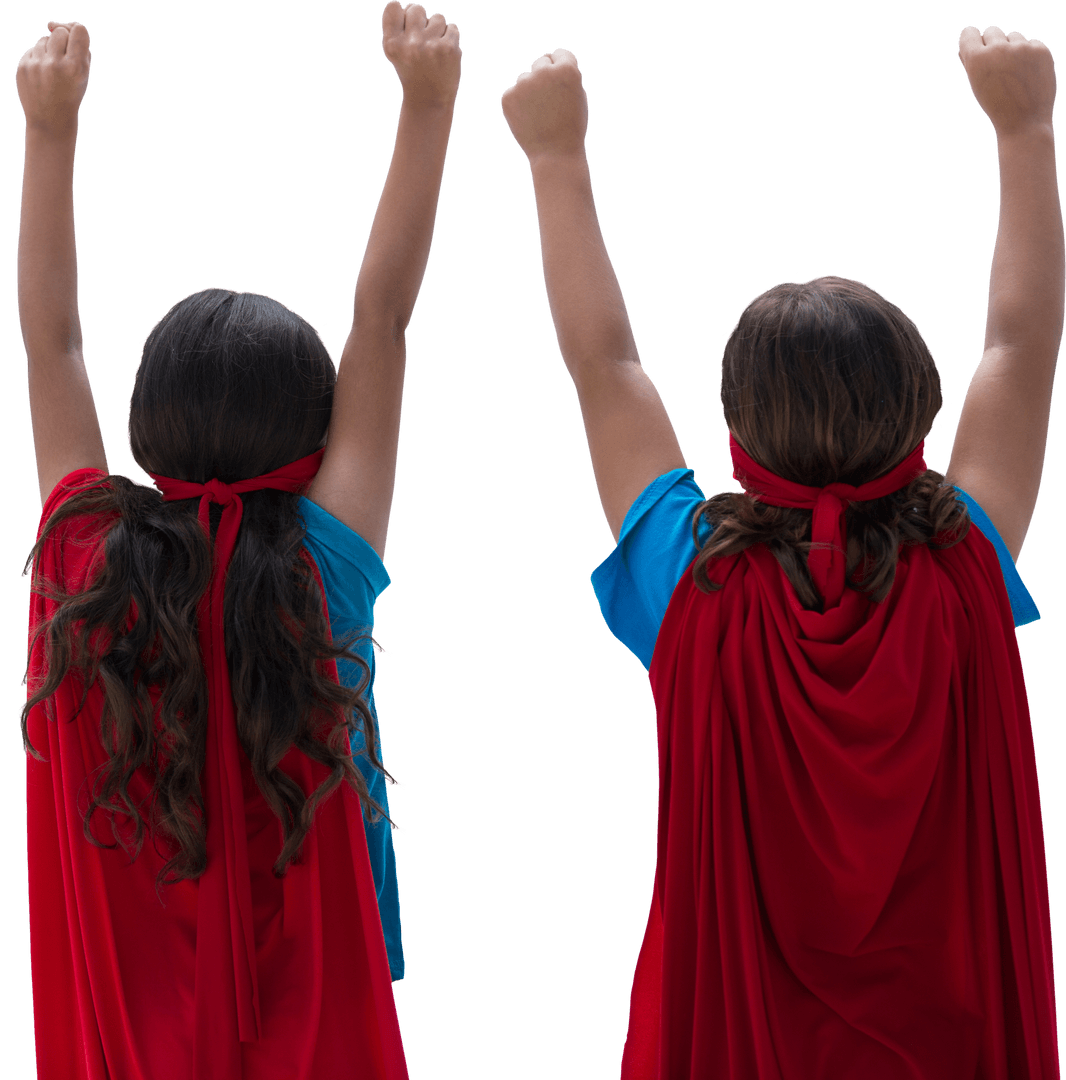 Young Siblings Wearing Red Capes Celebrating with Transparent Creativity