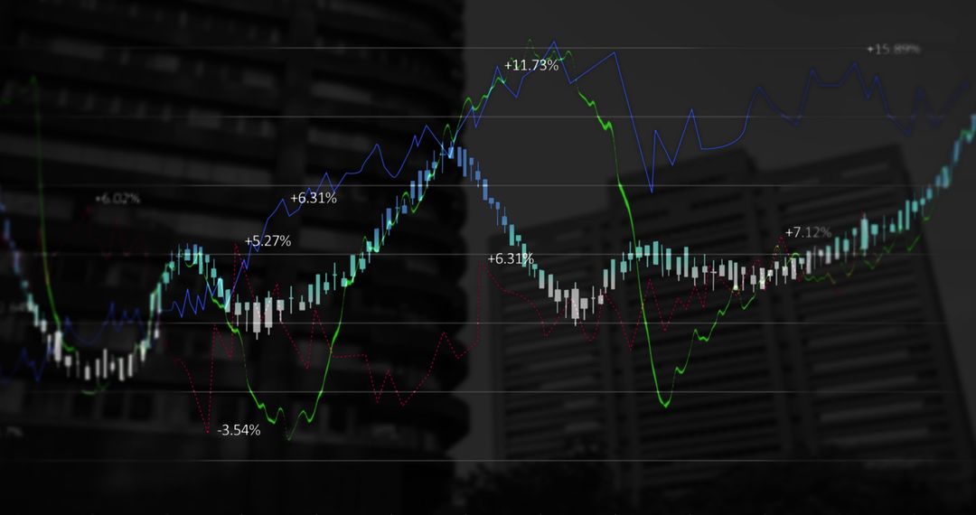Futuristic Stock Market Chart Overlaying Cityscape Background