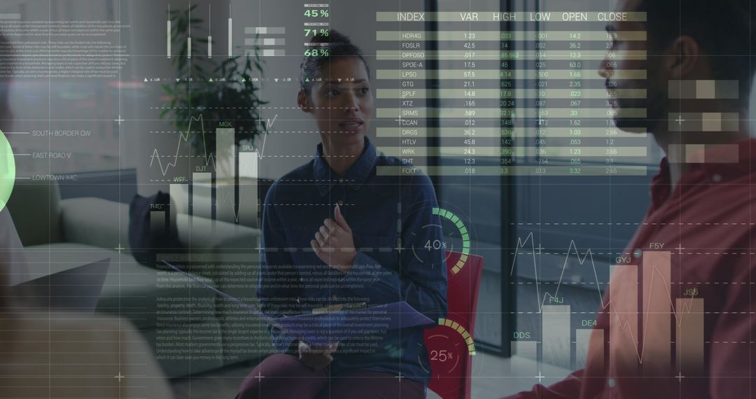 Business Meeting with Data Visualizations Overlay