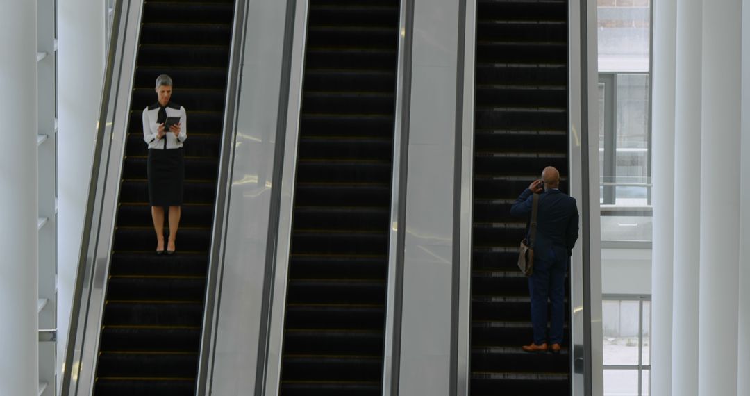 Business Professionals on Escalators in Modern Office Building - Free Images, Stock Photos and Pictures on Pikwizard.com