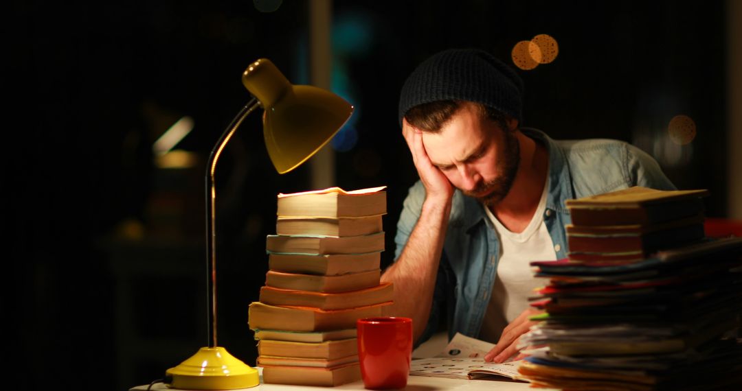 Stressed Undergraduate Student Studying Late Night with Stack of Books - Free Images, Stock Photos and Pictures on Pikwizard.com