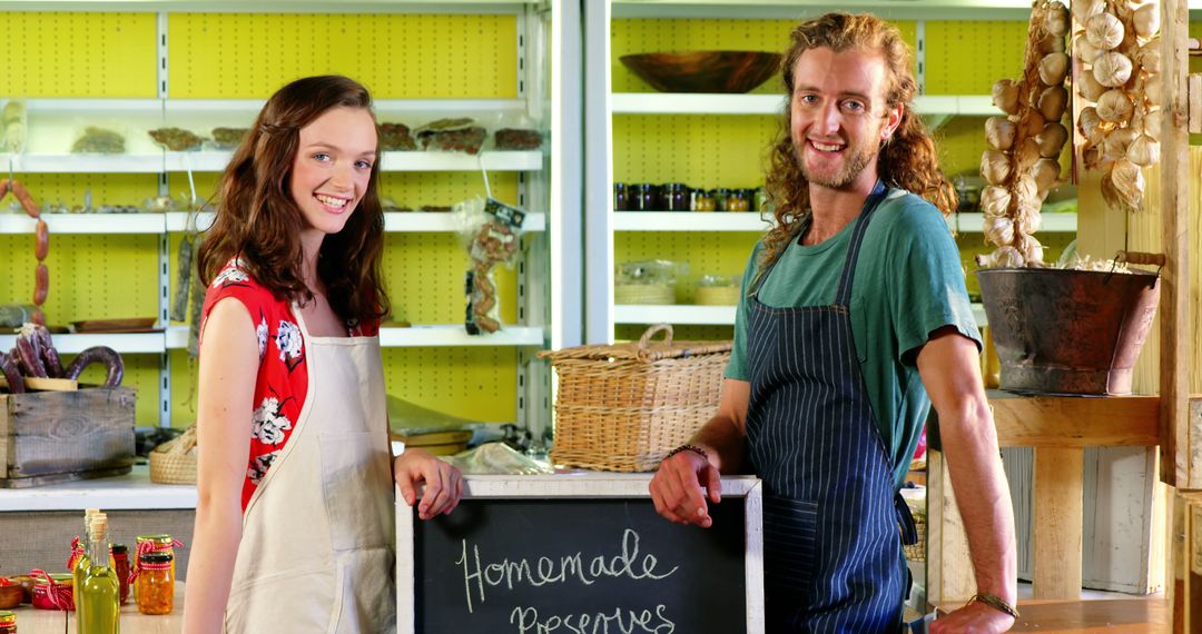 Smiling couple selling homemade preserves in artisanal store - Free Images, Stock Photos and Pictures on Pikwizard.com