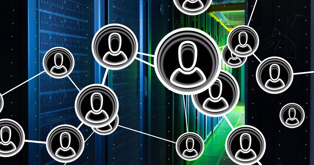 Digital Networking Icons Overlay on Modern Data Center Background