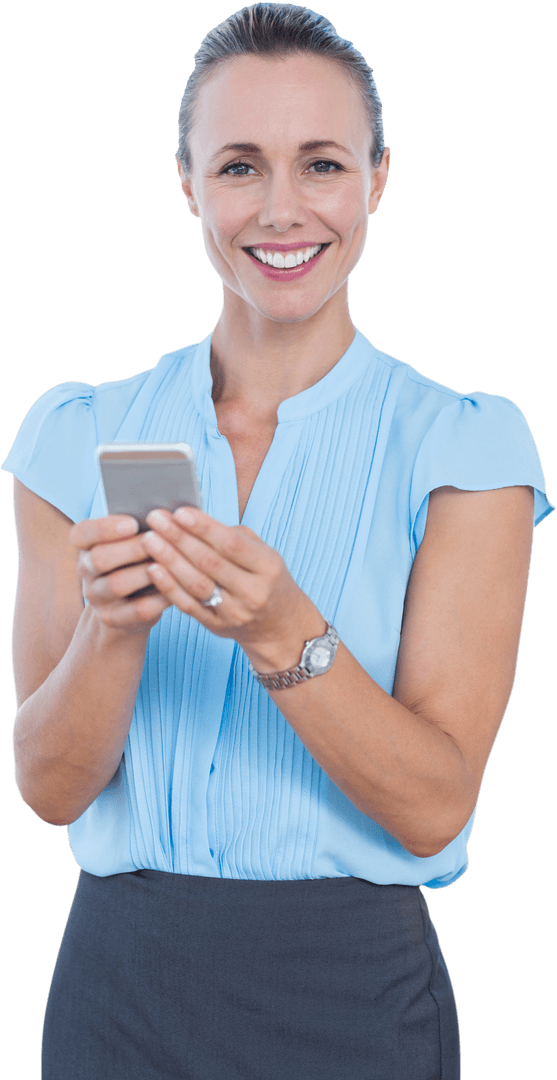 Confident Businesswoman Smiling with Smartphone Transparent Background
