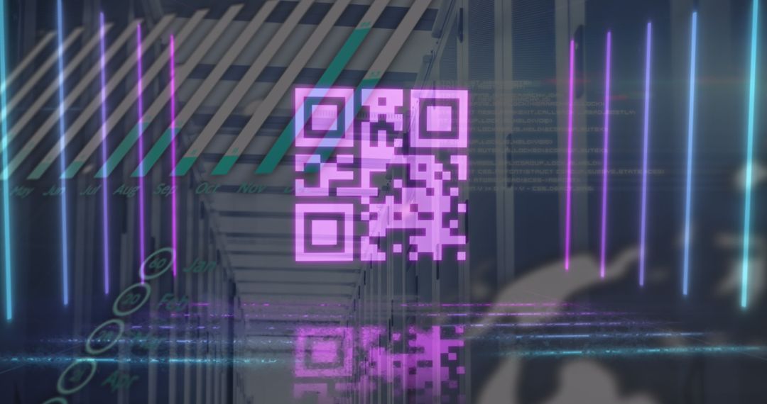 Futuristic QR Code with Neon Lights in High-Tech Server Room