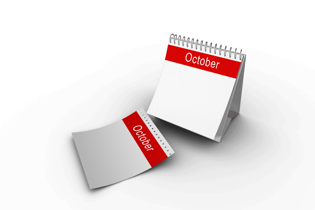 Desk Calendar Displaying October Page with Transparent Background