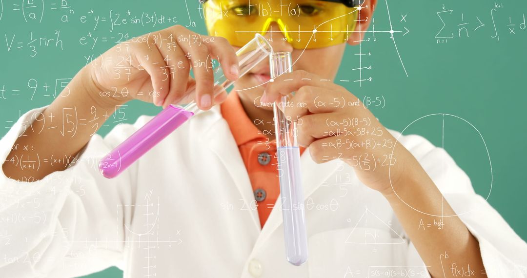 Young Scientist Mixing Chemicals with Mathematical Equations Overlay
