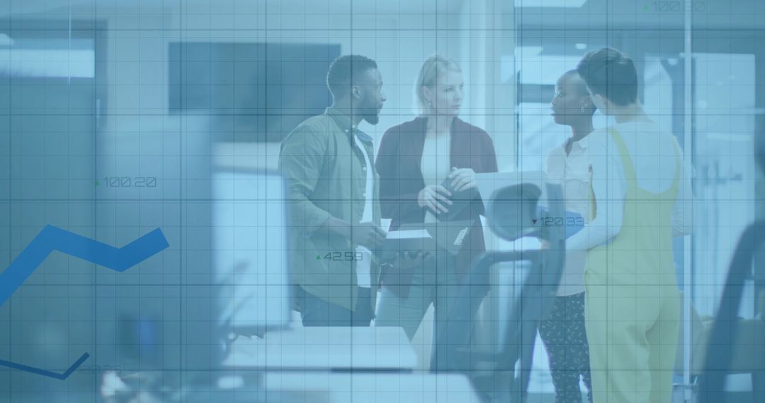 Diverse Coworkers Collaborating Around Tablet in Modern Office