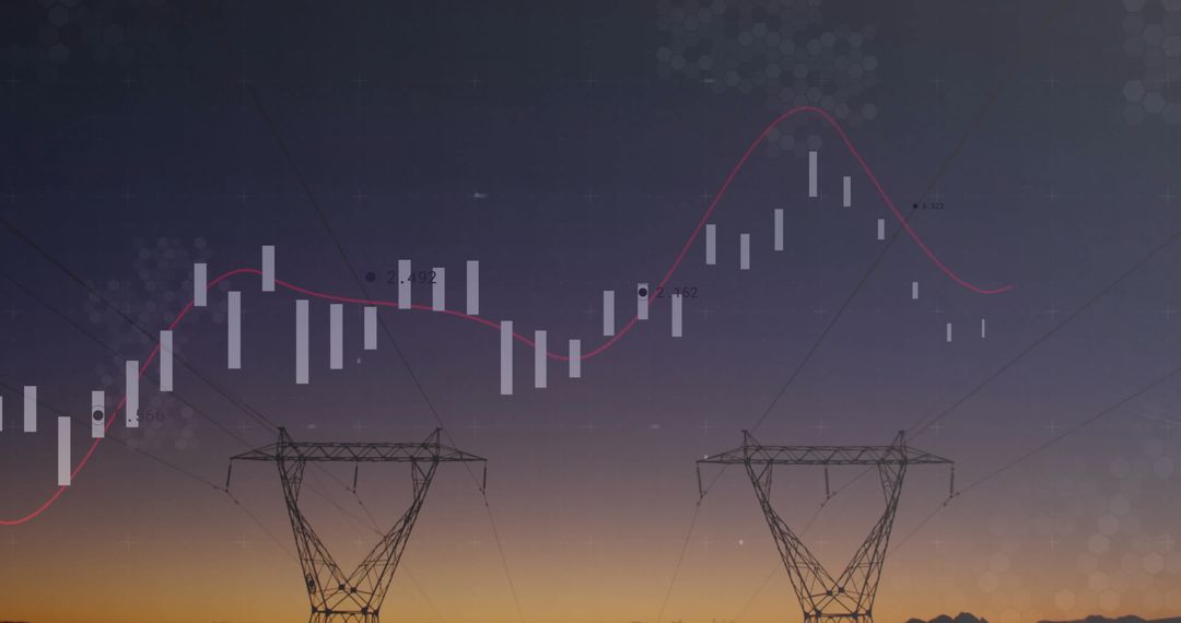 Power Grid Towers with Candlestick Chart Overlay at Dusk