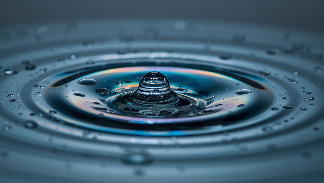 Iridescent Water Droplet Rising with Concentric Ripples Macro Abstract Liquid Motion
