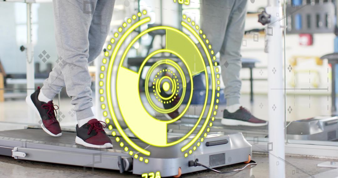 Walking on treadmill with AR HUD overlay, burgundy sneakers reflecting in gym mirror