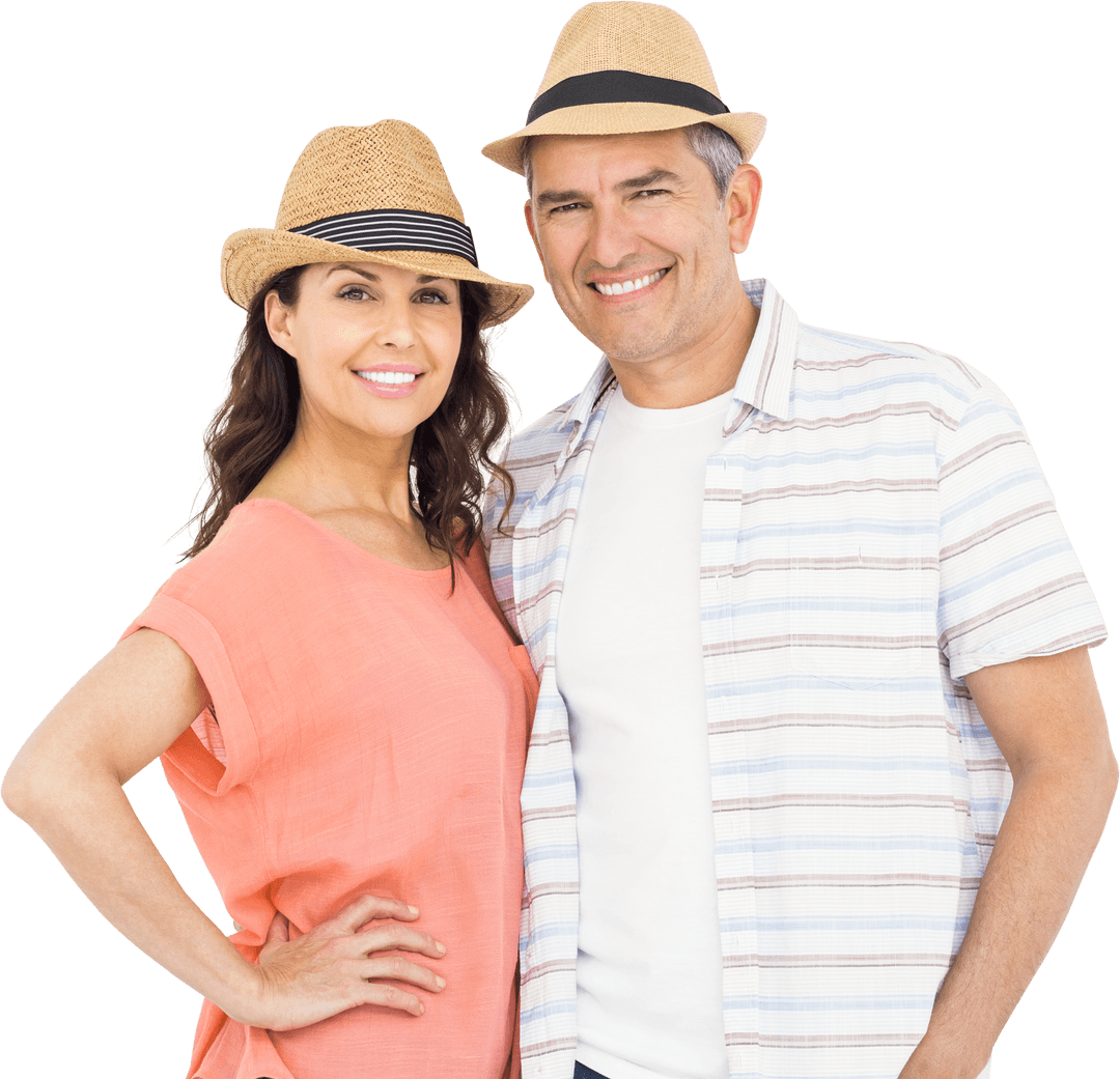 Smiling Couple Wearing Hats on Transparent Background