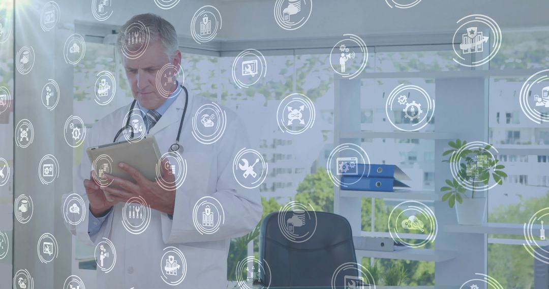 Doctor Utilizing Digital Tablet with medical Icons Overlay in Modern Office
