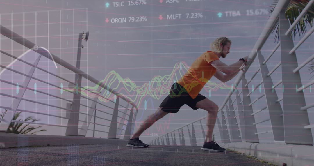 Man Stretching with Superimposed Financial Data Graphs