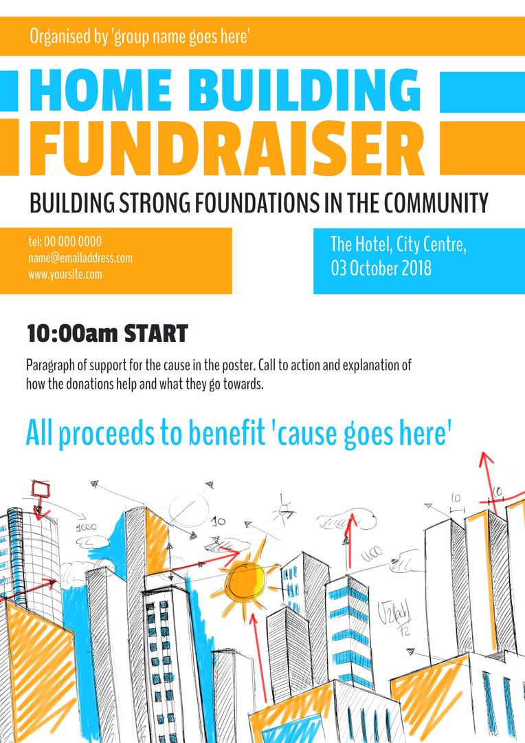 Community Fundraiser with Hand-Drawn Buildings Illustration