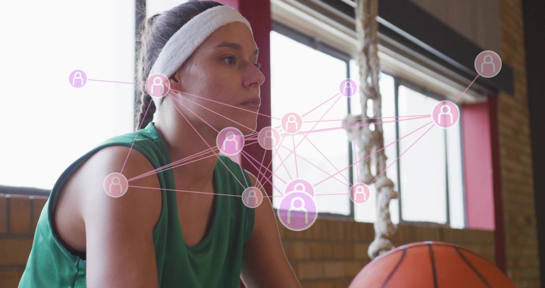 Basketball Athlete Pausing During Training Wearing Headband with Data Network Overlay
