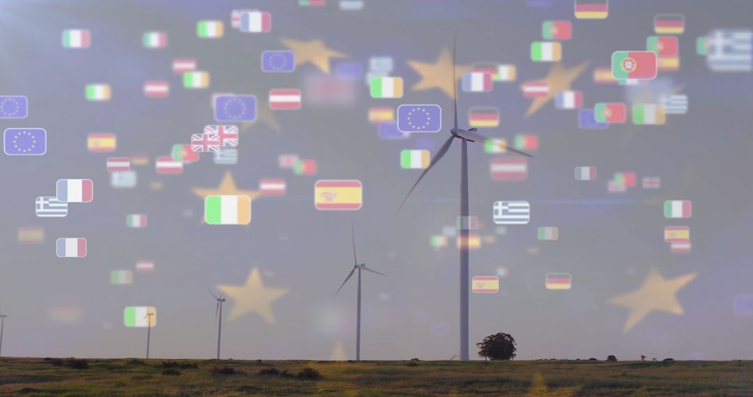 Wind Turbines with Floating National Flags Imagery