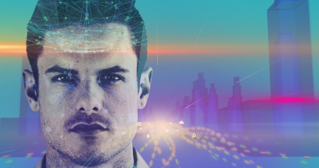 Futuristic Digital Interface on Face with Cityscape