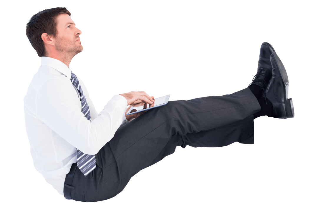 Businessman in Formal Attire Using Tablet on Transparent Background