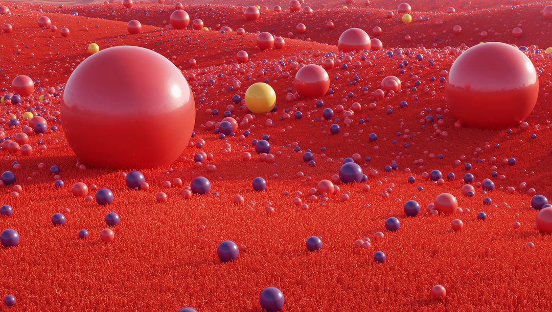 Glossy Red Spheres on Red Turf Hills with Purple and Yellow Orbs, Surreal 3D Scene