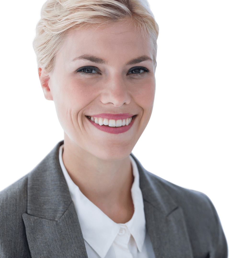 Transparent Background Blonde Businesswoman Smiling in Grey Suit