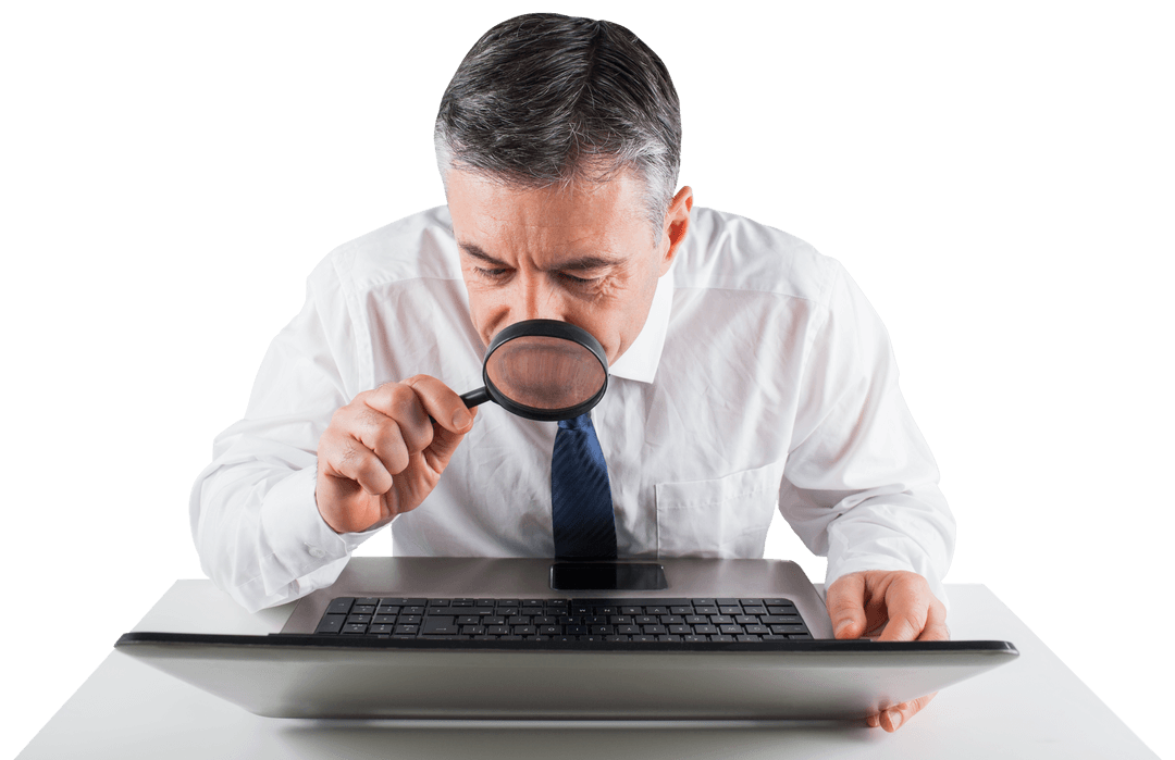 Transparent Businessman Examining Laptop with Magnifying Glass