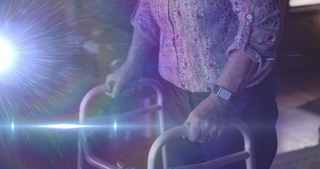 Senior Woman Using Walking Frame with Hopeful Light
