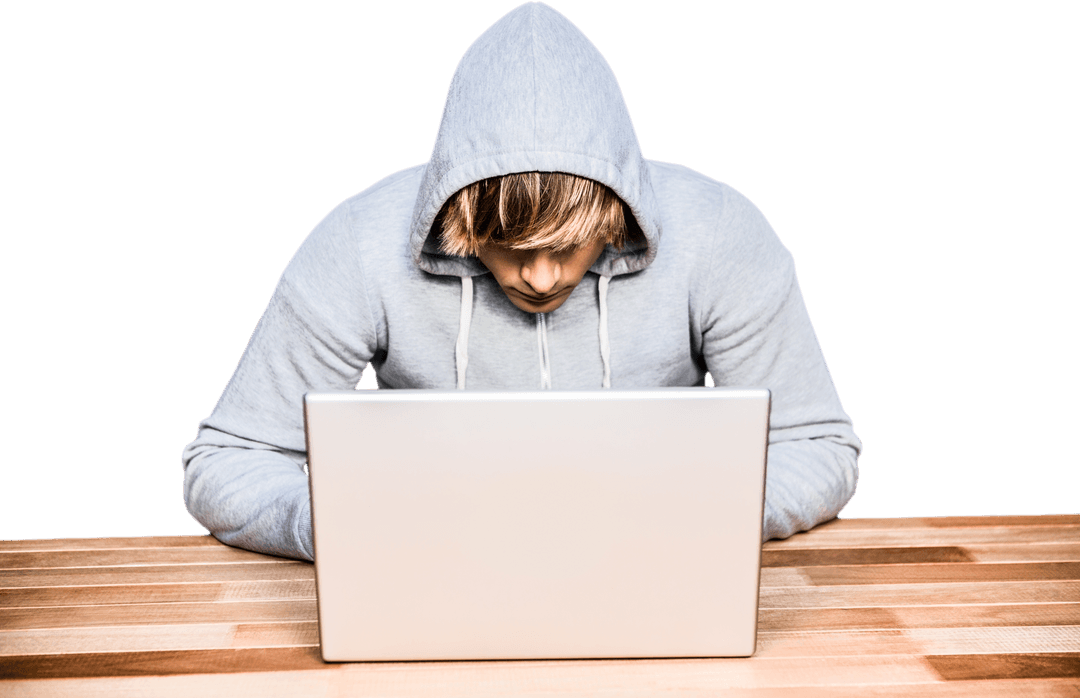 Hooded Individual Hacking Laptop on Transparent Background