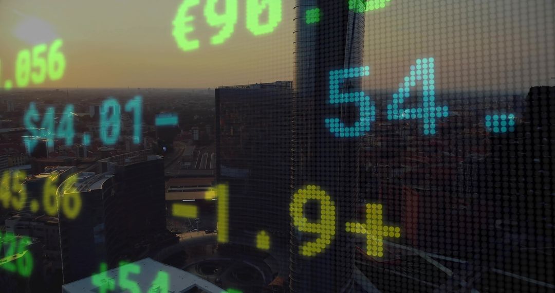 Futuristic Stock Market Data Overlay on Urban Skyline at Dusk