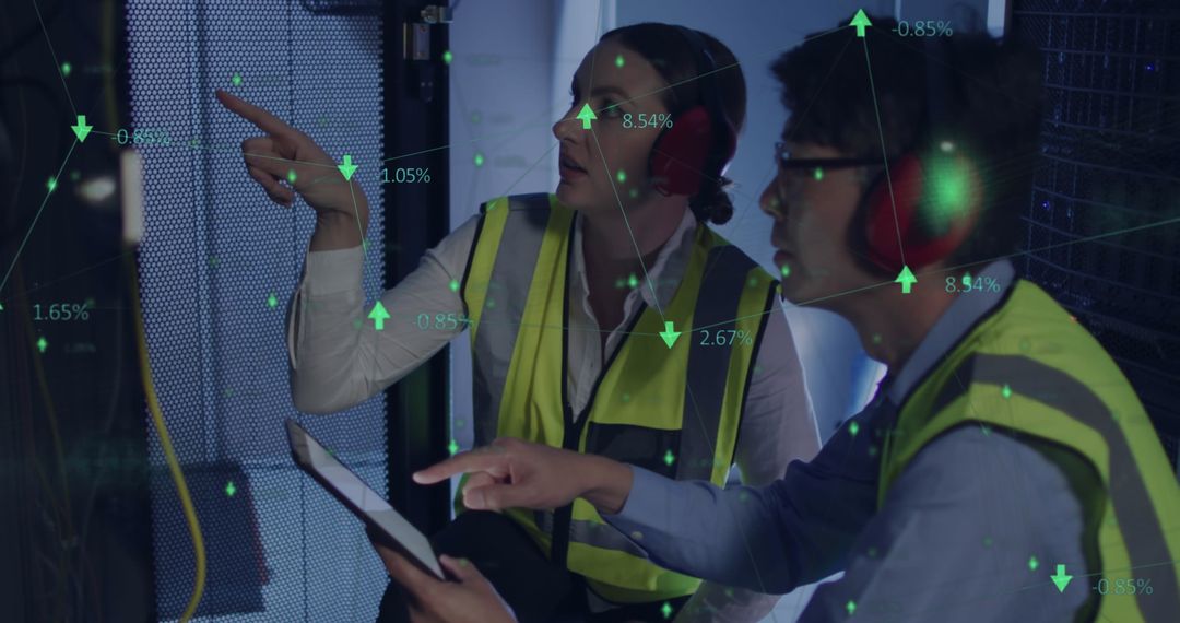 Diverse Team Analyzing Data Networks in Server Room