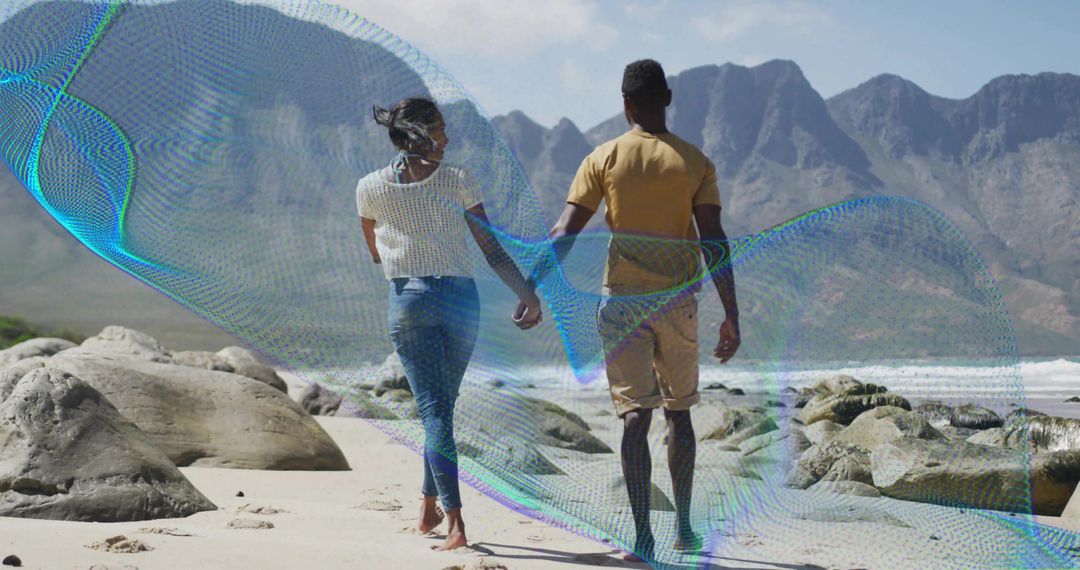 Couple Walking on Beach with Digital Mesh Overlay