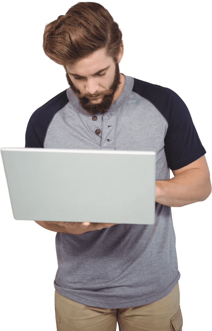 Casual Man Standing with Laptop Against Transparent Background