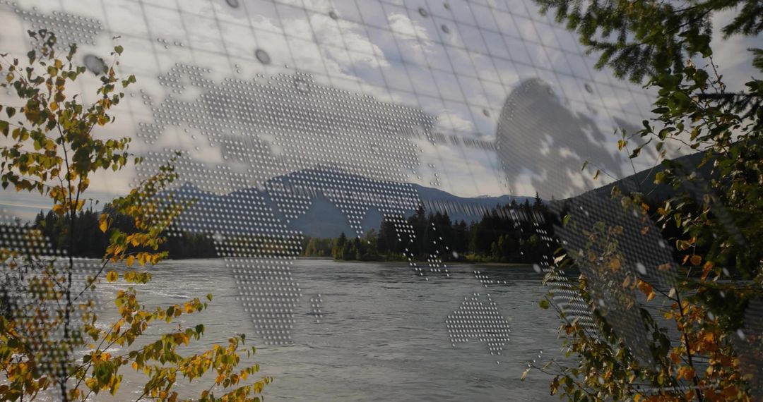 World Map Overlay with Scenic Riverbank Foliage