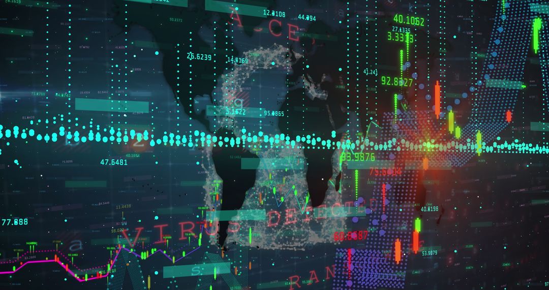 World Map with Candlestick Charts and Financial Data Visualization
