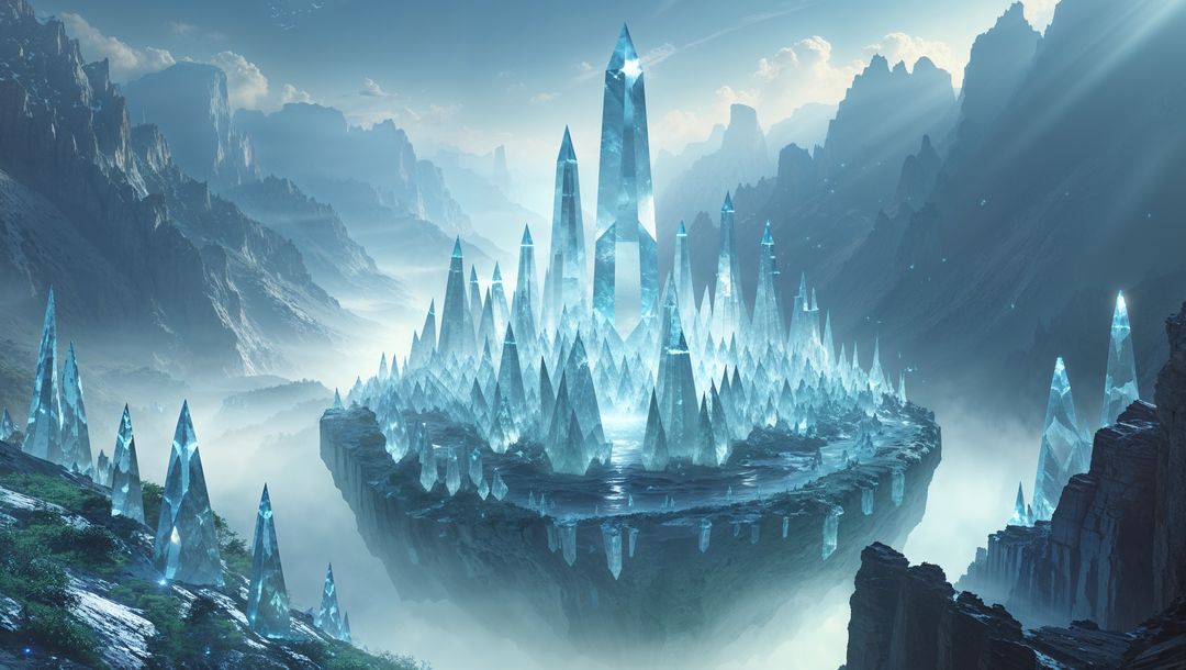 Mystical Crystal City on Floating Island in Misty Valley