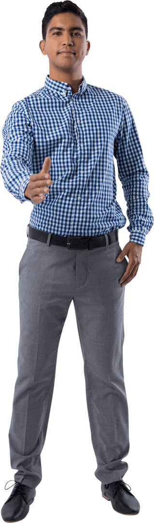 Transparent Businessman Offering Handshake Confidence in Checkered Shirt