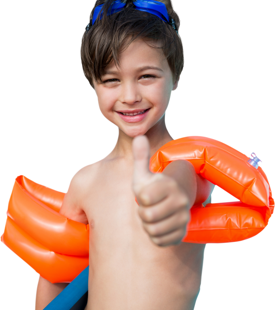 Cute boy wearing arm floaties giving thumbs up, showing positivity - Download Free Stock Images Pikwizard.com