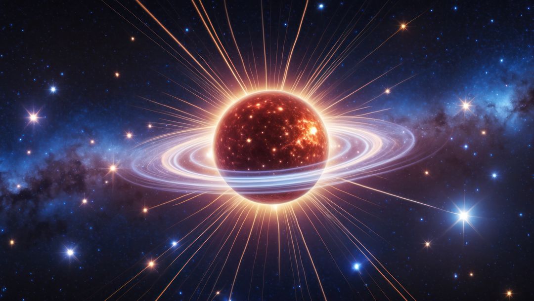 Hypothetical Red-Brown Planet with Glowing Rings in Cosmic Space